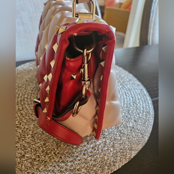 Top Handle Studded Stud Structured Handbag Bag Pink Red Two Tone - Picture 2 of 16